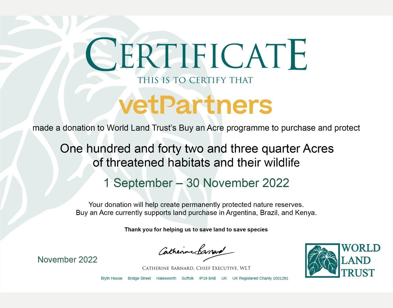VetPartners fait un don de près de 16 000 € à World Land Trust